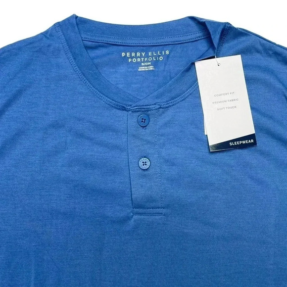 Perry Ellis 1/4 Button Blue Long Sleeve Mens Sleepwear Shirt Size Small - Picture 5 of 11